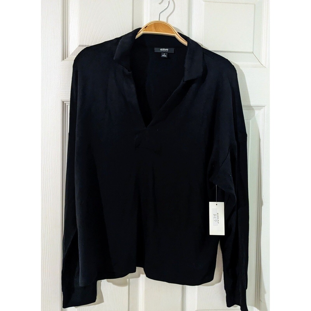 Alfani Intimates Long Sleeve Top Collared Pullover‎ Classic Soft Black M NWT